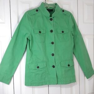 Talbots 100 % Cotton Green Jacket Front Pockets Long Sleeve Size Medium
